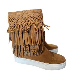 SCHUTZ Suede Leather Looped Studded Fringe Ankle Boots